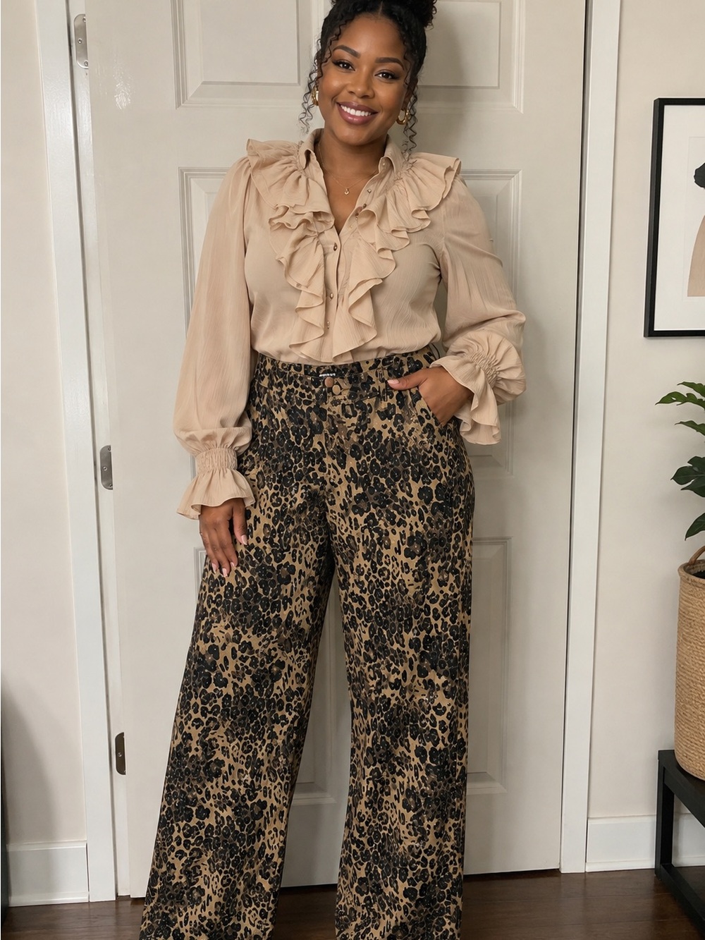 American Bazi Leopard Print Wide-Leg Jeans - Tan & Black with Sequins